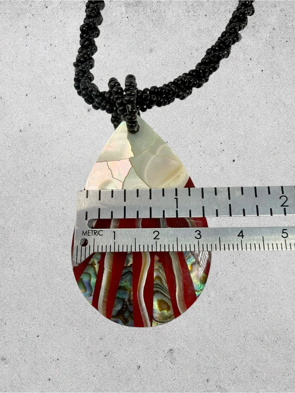 Boho Mother Of Pearl Abalone Teardrop Necklace Coconut Shell Black Seed Bead 16”